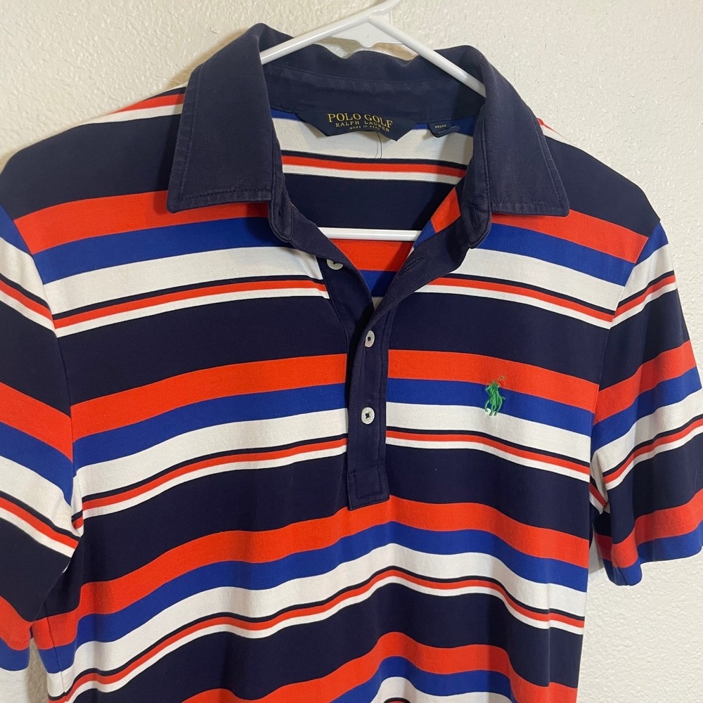 Polo Golf Ralph Lauren Mens‎ Striped Short Sleeve Shirt Blue Orange  Pony Small